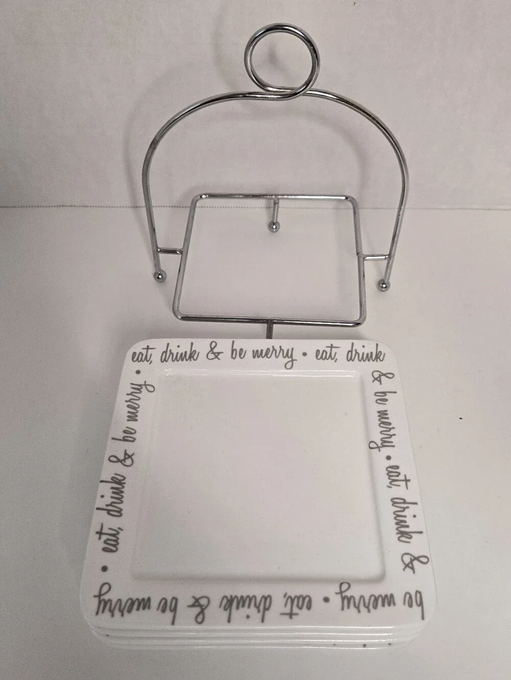 Ciroa Eat Drink & Be Merry Platinum Square Appetizer Plates x4 Metal Srand